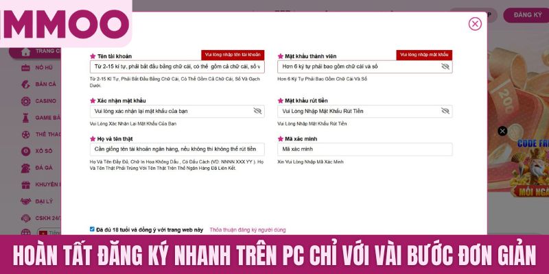Hoàn tất đăng ký nhanh trên PC chỉ với vài bước đơn giản