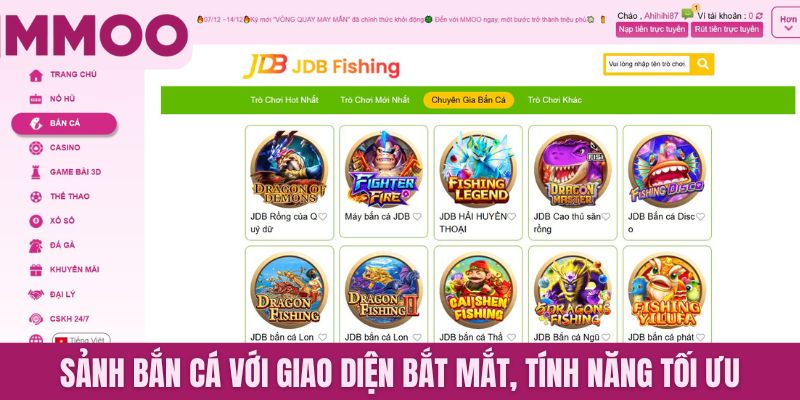 Sảnh bắn cá với giao diện bắt mắt, tính năng tối ưu